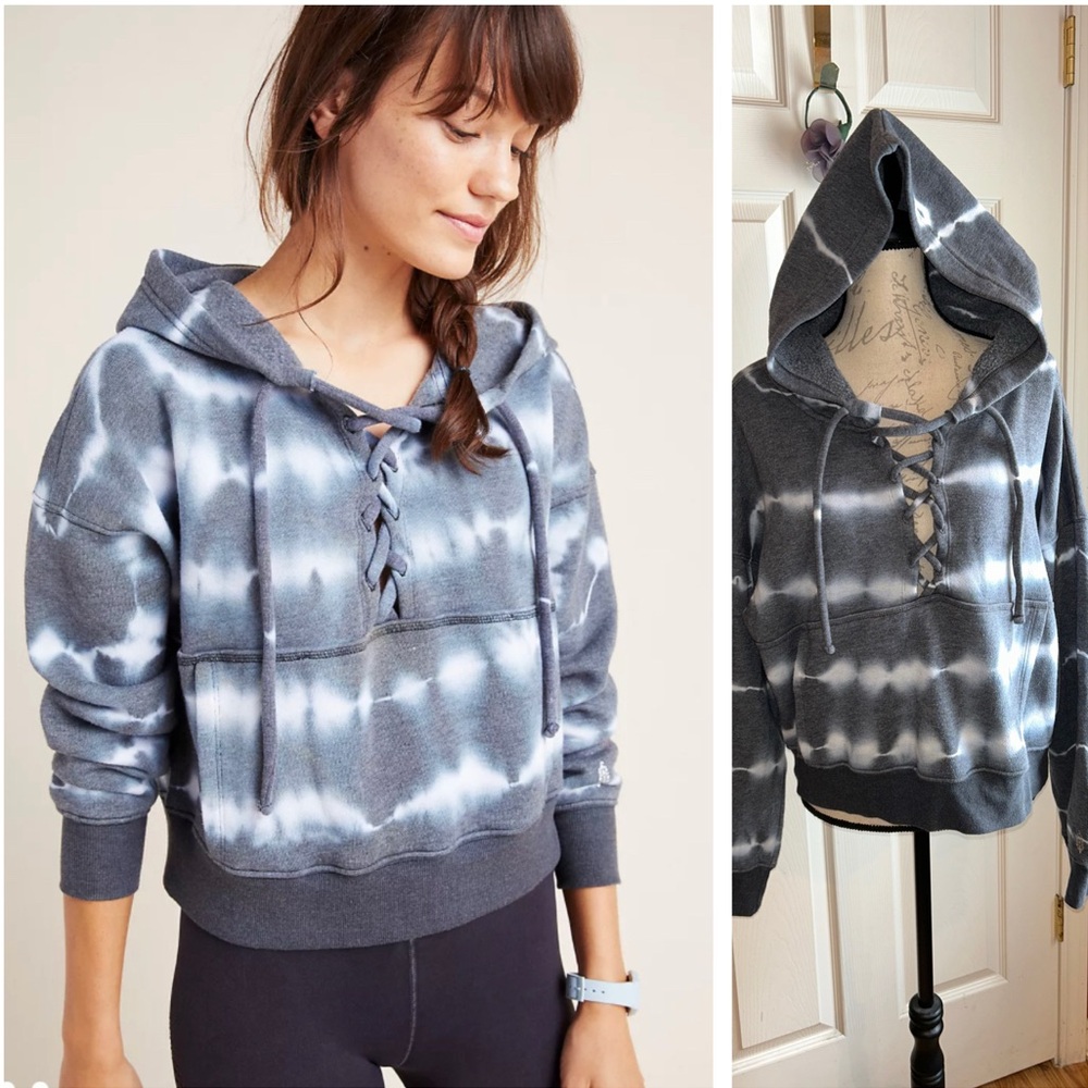 Free People Tie Dye Believer Crop Tie Front Gray White Hoodie Sweatshirt Small